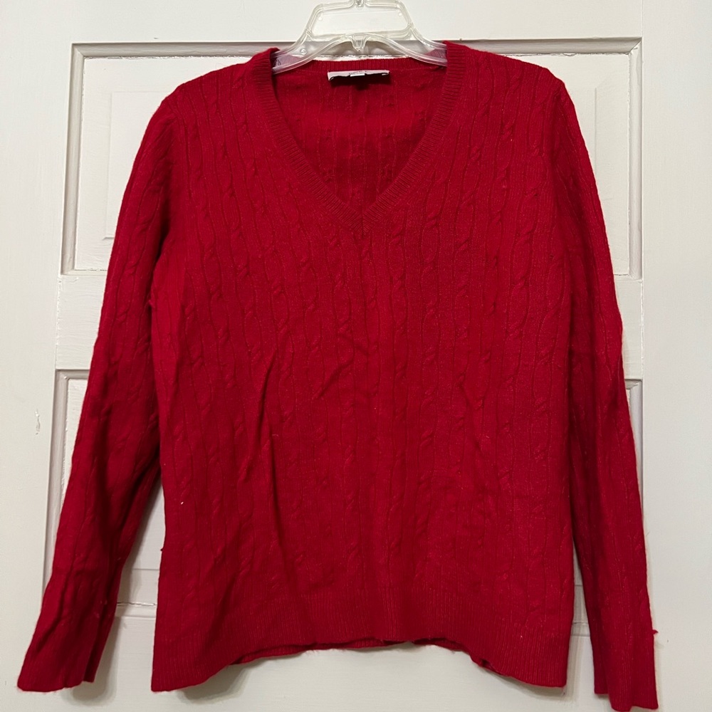 LOFT Red Wool Blend Cable Knit  V neck Sweater Size XL